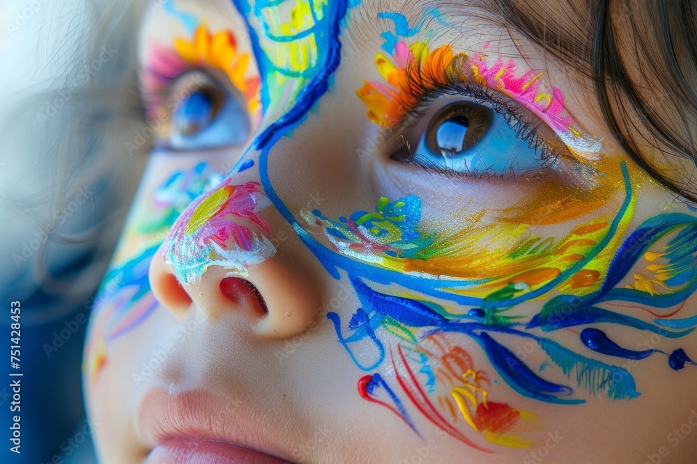 A girl child's face painted during Children's Day close up
