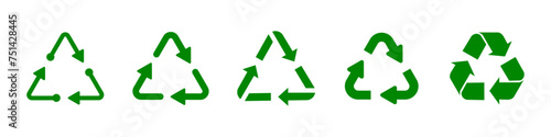 Recycling symbol set in green color. Triangle recycle arrow icon set. Triangular recycle, reuse icon set. Set of triangular recycling icons in green color isolated on white background.