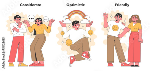 Engaging vector art capturing the essence of positivity, featuring characters who are considerate, optimistic, and friendly in a modern, playful style