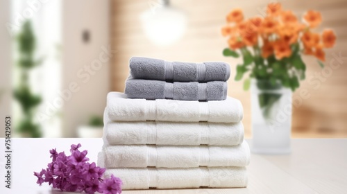 A Harmony of Spa Towels Piled on a White Table, Complementing the Bathroom Interior