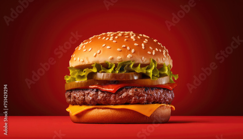 Delicious burger on a red surface and red background. © Vitaly Art