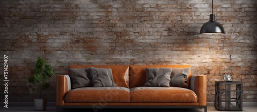 A modern industrial loft living room featuring a cozy couch against a textured brick wall. The room is well-lit with a stylish lamp, creating a comfortable and stylish space.