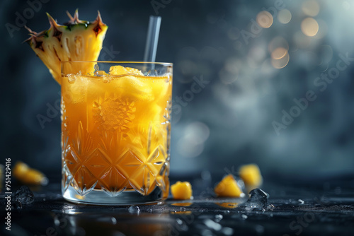 A glass of a drink with a pineapple on top. Cocktail is yellow and has ice in it. Yellow Pineapple cocktail in a glass, with a small pice of pineapple on top, beautiful studio light, dark background photo