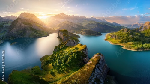 Panoramic morning view from atop a stunning cliff, adorned with rivers, lush green trees and grass

