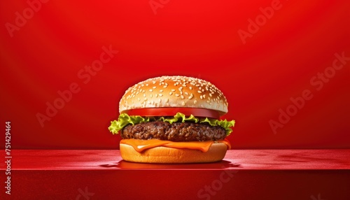 Delicious burger on a red surface and red background. © Vitaly Art