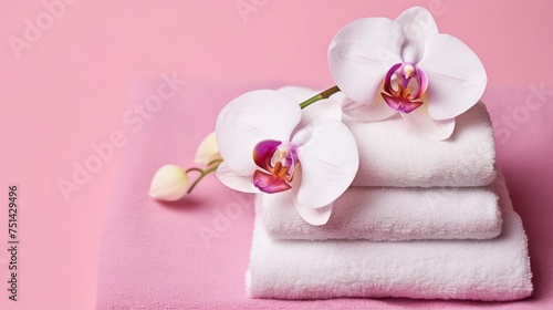 A Beautiful Orchid Resting on Spa Towels with a Pink Background