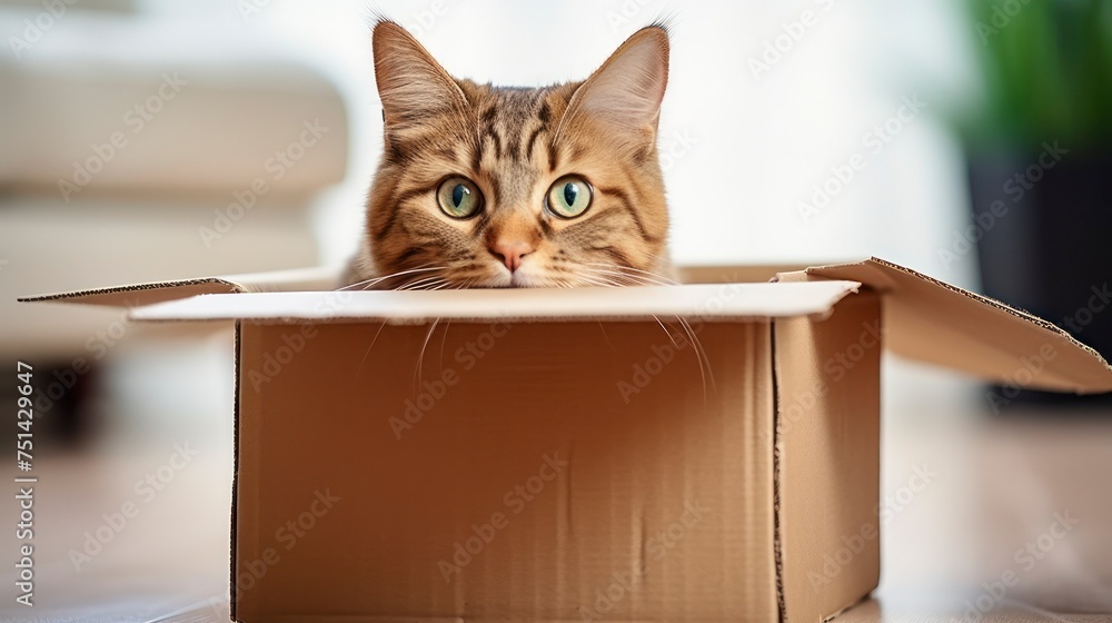 Feline Fun - Funny cat in cardboard box at home Feline Fun - Funny cat in cardboard box at home