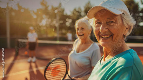 Elderly woman taking selfie on tennis court.