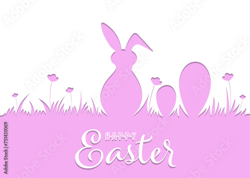 Easter pattern with bunnies and easter eggs. Hand drawn easter horizontal background with bunnies, flowers, easter eggs.