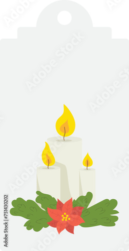 Three lit candles arranged vertical line, adorned green leaves red poinsettia...