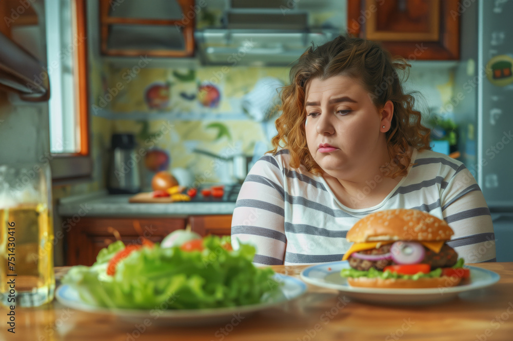 Fat girl hesitates to eat burger or salad benefits and harms of fast food, healthy food