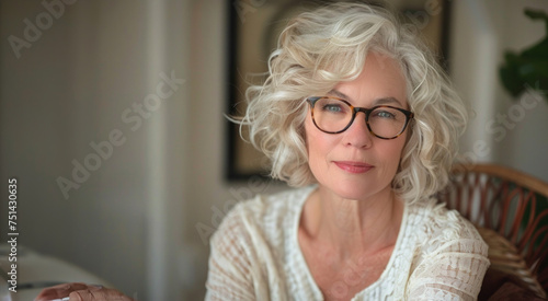 A woman with glasses and a white shirt is smiling. She is wearing a pair of gold earrings. 50 year old woman short hair with soft curls platinum blonde with reading glasses jovial look