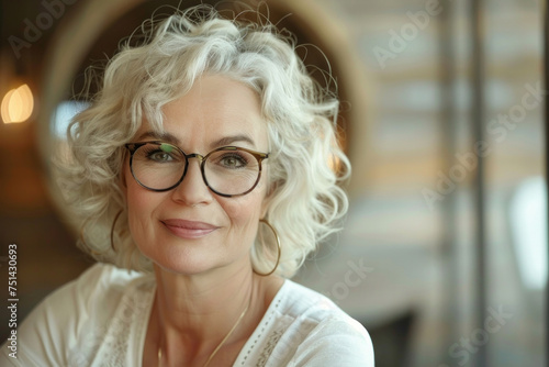 A woman with glasses and a white shirt is smiling