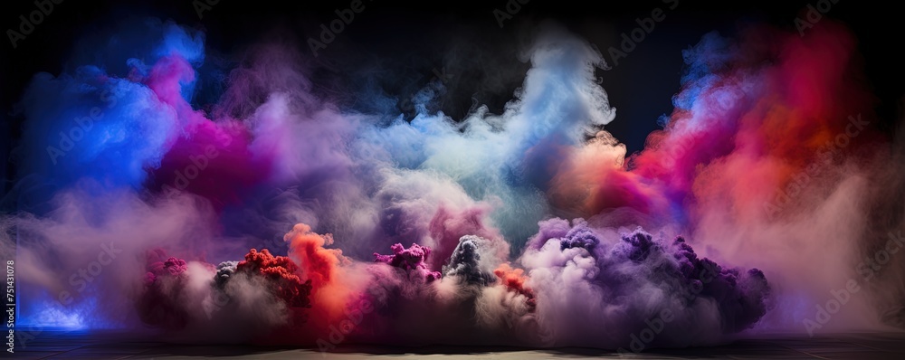 Vibrant stage in the glow of colored spotlights, with smoke adding an air of mystery and drama. The image captures the anticipation and excitement inherent in live performances