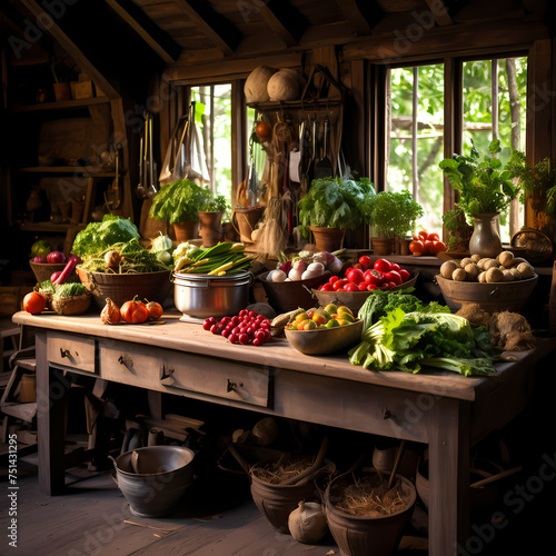 Rustic kitchen with fresh vegetables on a wooden table
