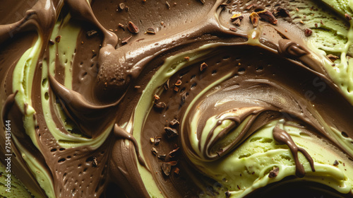 Chocolate and pistachio background, ice cream texture. photo