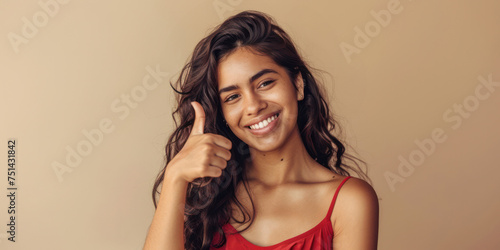 Portrait of a Smiling Young Woman Giving a Thumbs Up Against a Beige Background