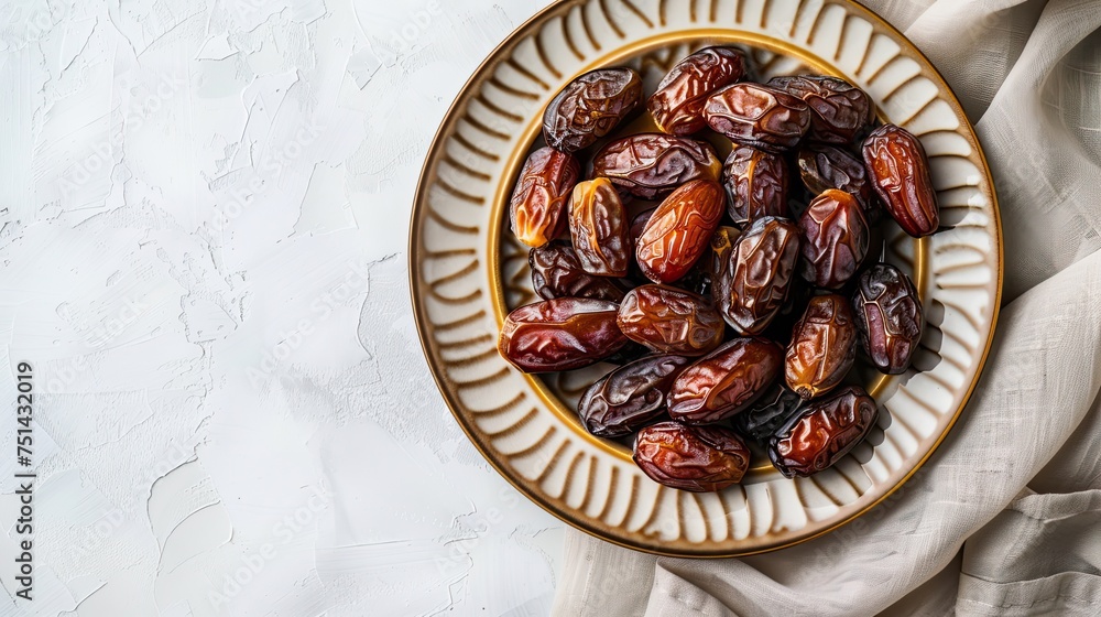 Delightful Ramadan Fare, Plate of Exquisite Dates on White Textured Surface Delightful Ramadan Fare, Plate of Exquisite Dates on White Textured Surface