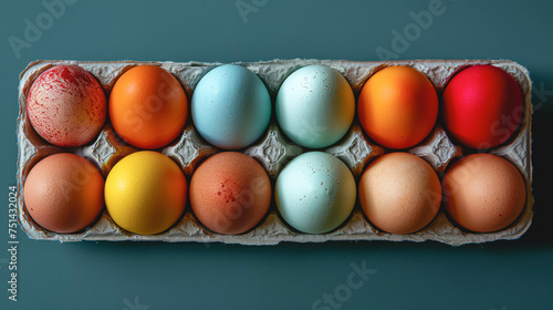 Natural eggs of different colors in a paper tray on a colored background.