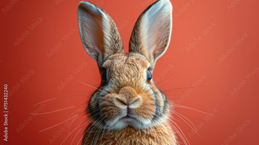 Fototapeta premium Rabbit muzzle on a red background isolated.