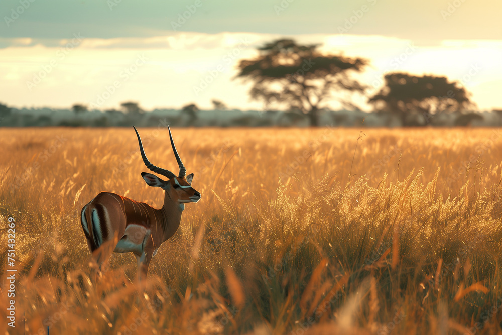 illustration of antelope in the field. wildlife of Africa. Created with Generative AI	 - obrazy, fototapety, plakaty 