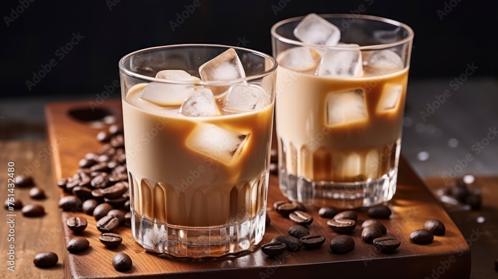 The Subtle Charm of Coffee Liqueur Served with Ice on a Rustic Table The Subtle Charm of Coffee Liqueur Served with Ice on a Rustic Table