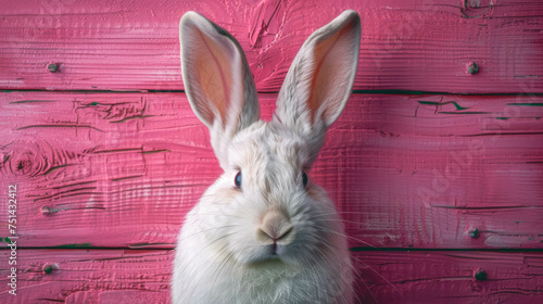Cute bunny on a pink wooden background, close-up.