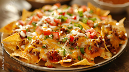 Plate of cheesy nachos with toppings