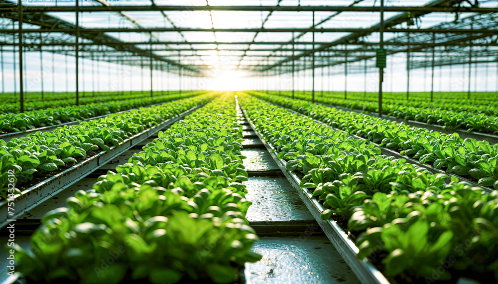 Rows of hydroponic lettuce growing in a greenhouse with sunlight ...