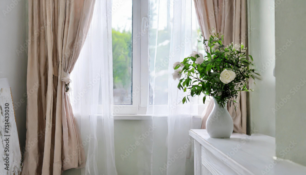 Bright interior, window with curtains, white window sill, room, home Bright interior, window with curtains, white window sill, room, home