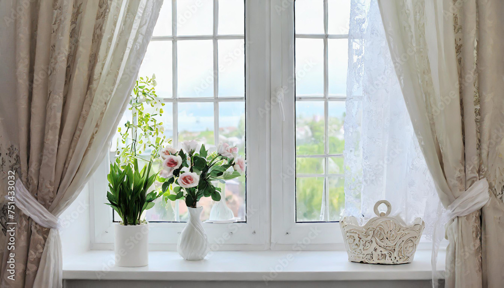 Bright interior, window with curtains, white window sill, room, home Bright interior, window with curtains, white window sill, room, home