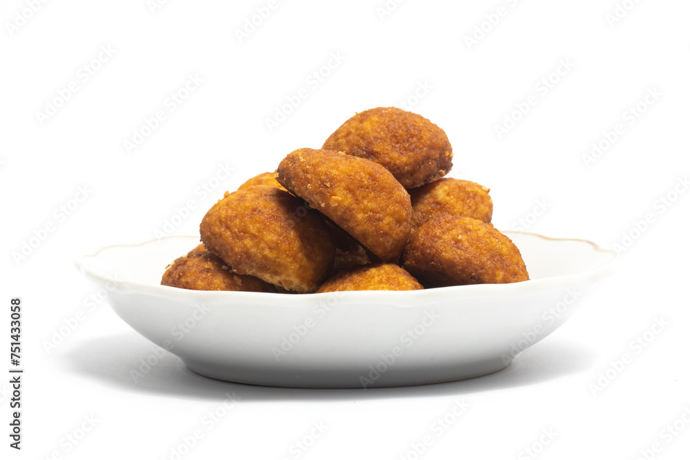 Palm cheese cookies in a small white plate isolated on white background clipping path Palm cheese cookies in a small white plate isolated on white background clipping path