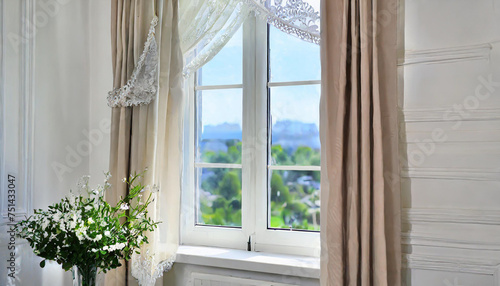 Bright interior  window with curtains  white window sill  room  home