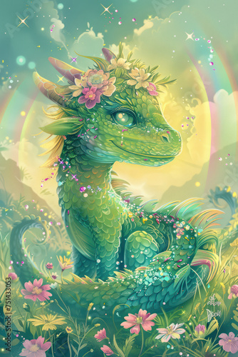 Fantastical Serene Dragon Nestled Among Blooms Under a Rainbow-Kissed Sky, book cover © zakiroff