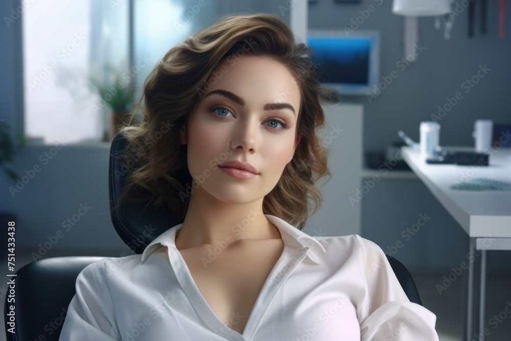 An attractive young woman in beauty salon sitting on a chair for treatments or dentist's chair. 