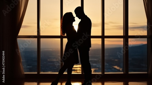 Silhouettes of a Young Couple Hugging Before a Panoramic Window