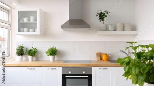 Scandinavian Simplicity - A Minimal White Kitchen Accented with a Silver Cooker Hood and Natural Wood photo