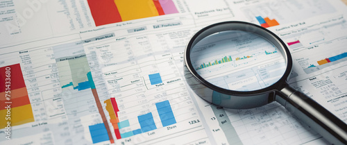 Examining a business chart through a magnifying glass for detailed analysis. For illustrating financial analysis, market research, and business strategy concepts.