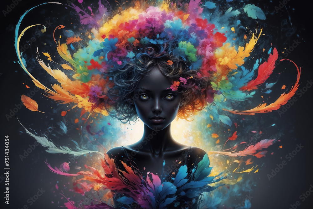 A whimsical, ethereal face of a woman with colorful, flowing hair resembling cosmic elements and floral motifs, evoking a sense of fantasy and imagination. A whimsical, ethereal face of a woman with colorful, flowing hair resembling cosmic elements and floral motifs, evoking a sense of fantasy and imagination.