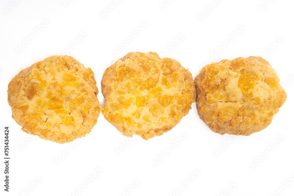 Group of cornflakes cookies top view isolated on white background clipping path Group of cornflakes cookies top view isolated on white background clipping path