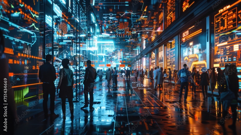 An image of a bustling city trading environment, holographic displays and individuals of various economic backgrounds and competitiveness Technological advancements in the financial services industry - obrazy, fototapety, plakaty 