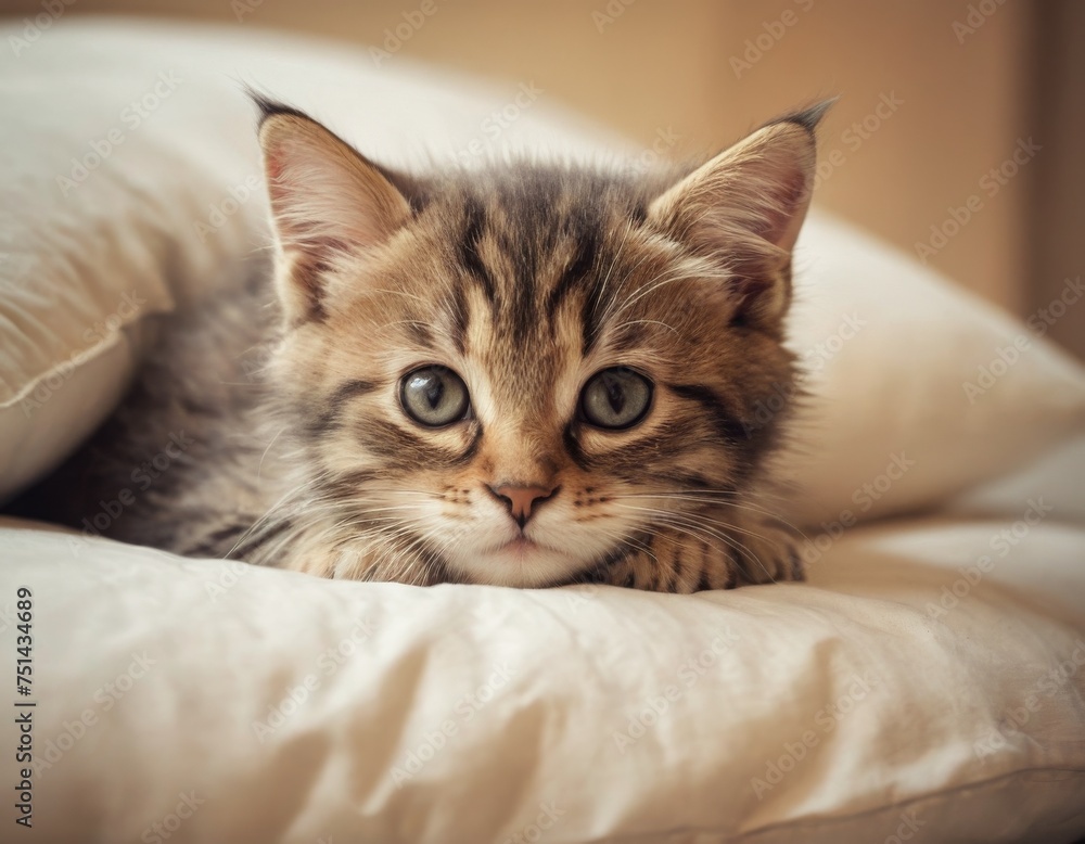 A kitten is laying on a pillow. The kitten is looking at the camera with a curious expression