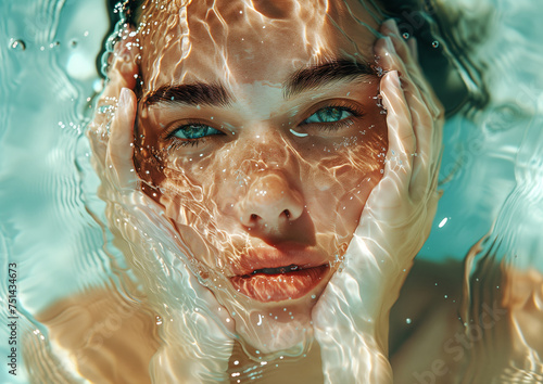 Underwater sensitive extremely close-up face portrait of beautiful young woman with clean skin and bright freckles, gazing at camera. Diverse human beauty, fashion and skin care concepts.