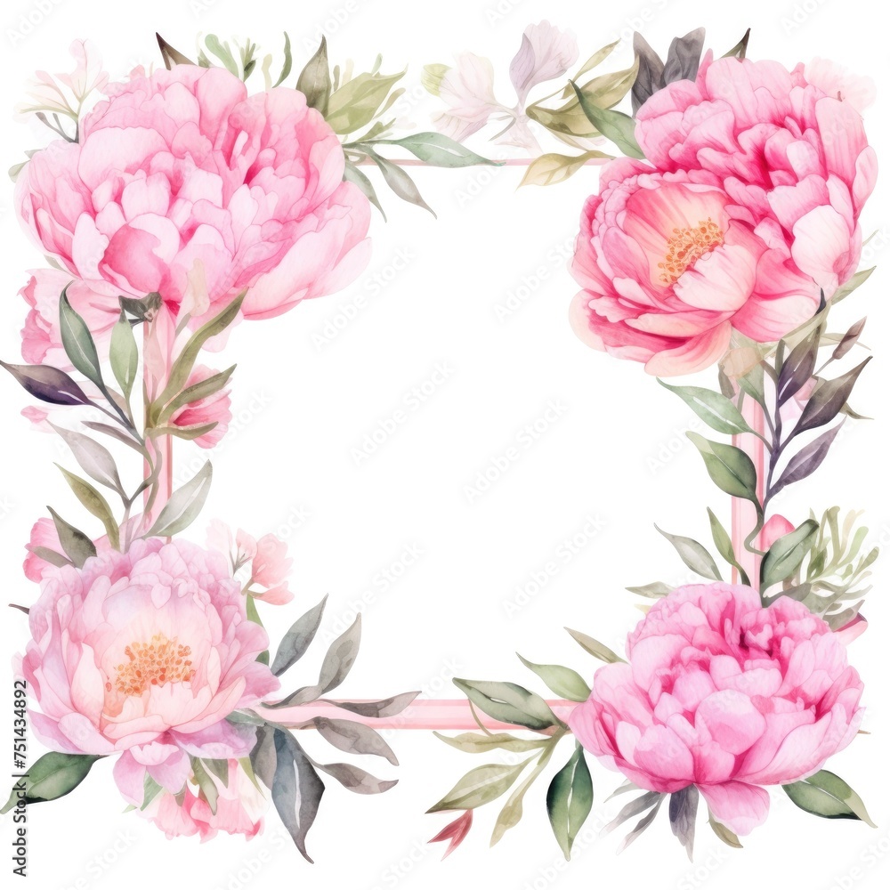 Naklejka premium frame of watercolor peony flowers and leaves on white background.