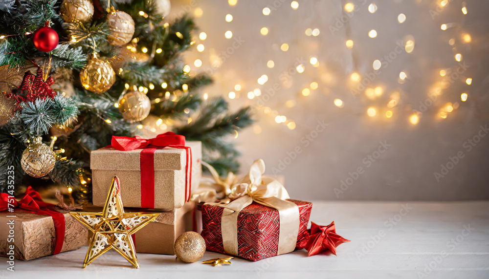 christmas and new year background - gift boxes and stars near decorated christmas tree and copy space over white wall with lights