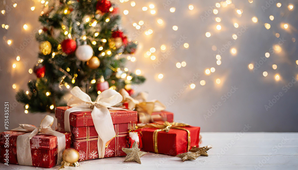 christmas and new year background - gift boxes and stars near decorated christmas tree and copy space over white wall with lights