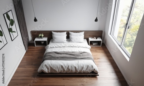 Top view of modern contemporary cozy bedroom 