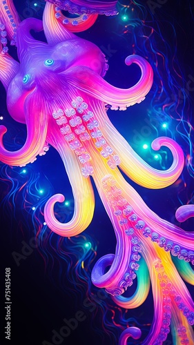 Octopus tentacles macro shot bottomup angle neon colors retrofuturism rainbow sparks caricature photo