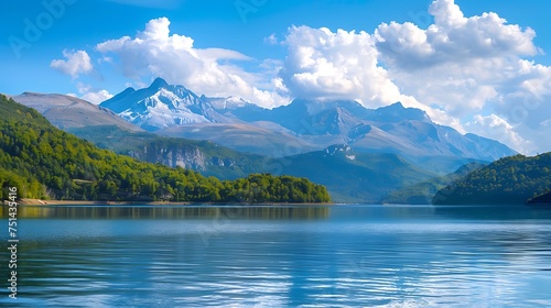 This is a beautiful landscape image of a mountain lake. The water is calm and clear, reflecting the sky above. The mountains are covered in snow. photo