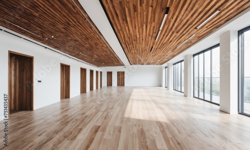 a long hallway with wooden ceiling and doors leading to the other rooms of the building
